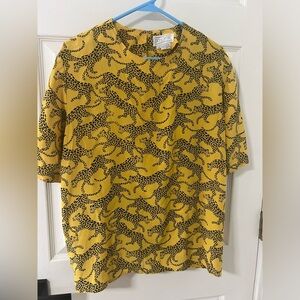 Doncaster Silks 80s Vintage Yellow Black Leopard Pattern Print Top